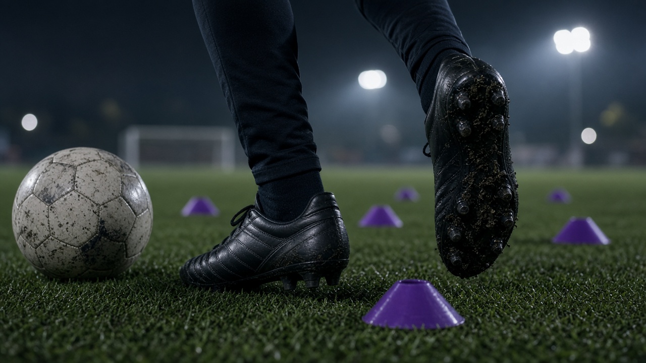 Training cones and a soccer ball on the field